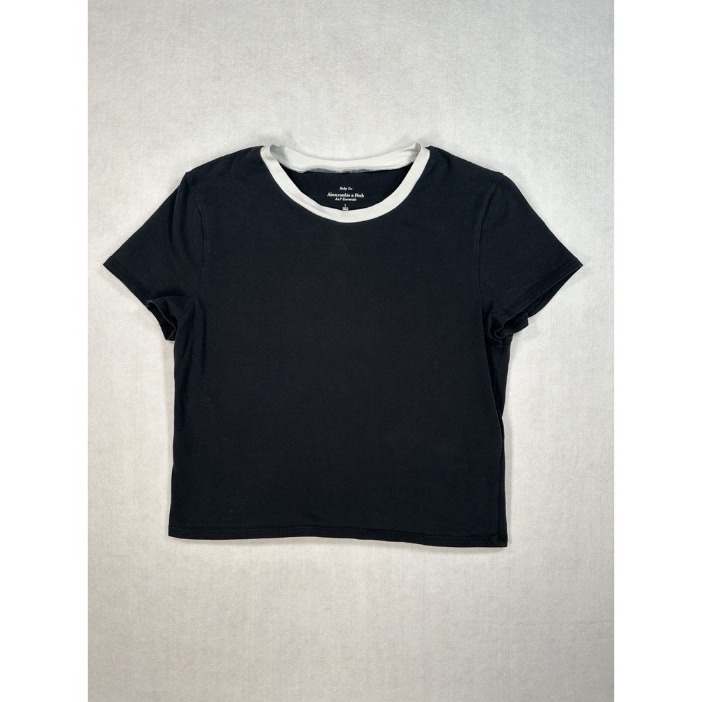 Abercrombie & Fitch Essential Baby Tee Shirt Women's Sz L Black w White Trim